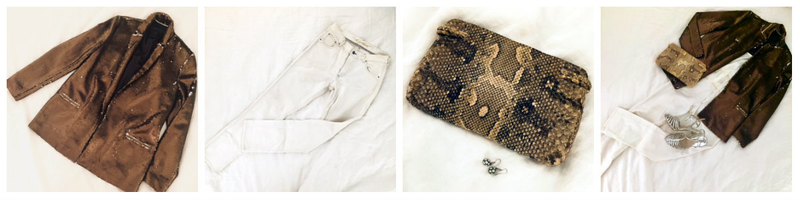 Bronze sequinned jacket + ivory jeans and tank + snakeskin clutch = dressy casual